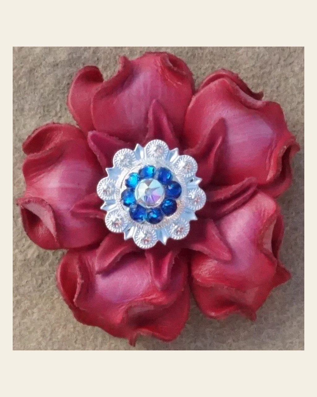 Pink Gardenia Flower With Bright Silver Capri and AB 1" Concho on a warm cream background