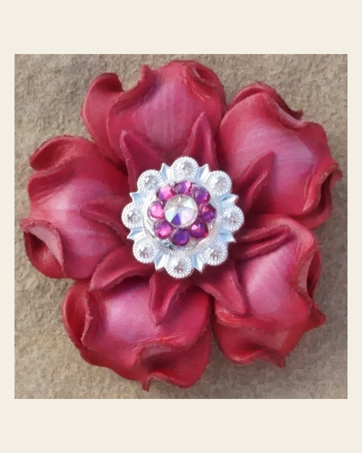 Pink Gardenia Flower With Bright Silver Fuchsia and AB 1" Concho on a warm cream background