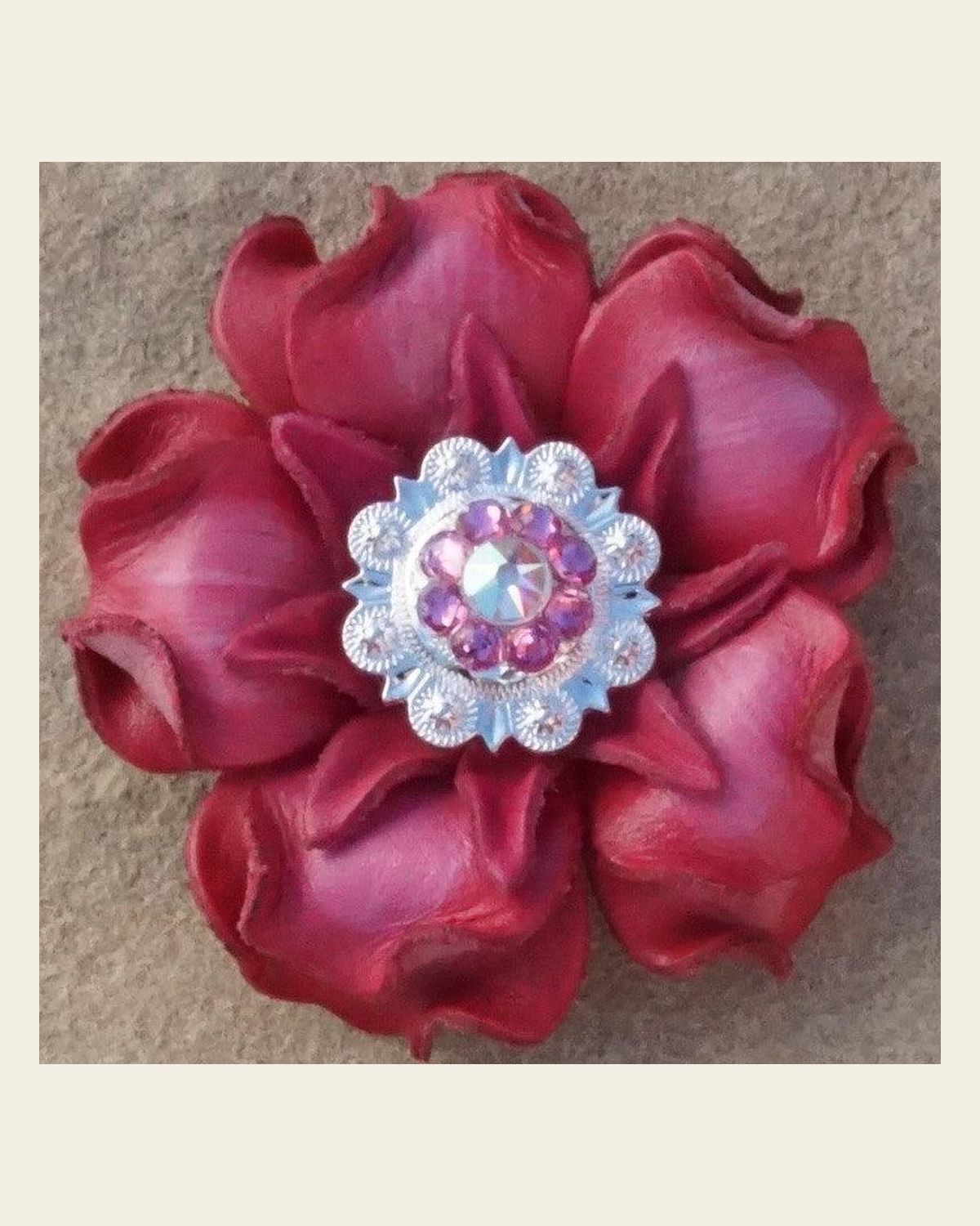 Pink Gardenia Flower With Bright Silver Pink and AB 1" Concho on a warm cream background