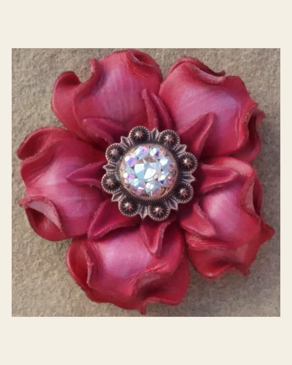 Pink Gardenia Flower With Copper AB 1" Concho on a warm cream background
