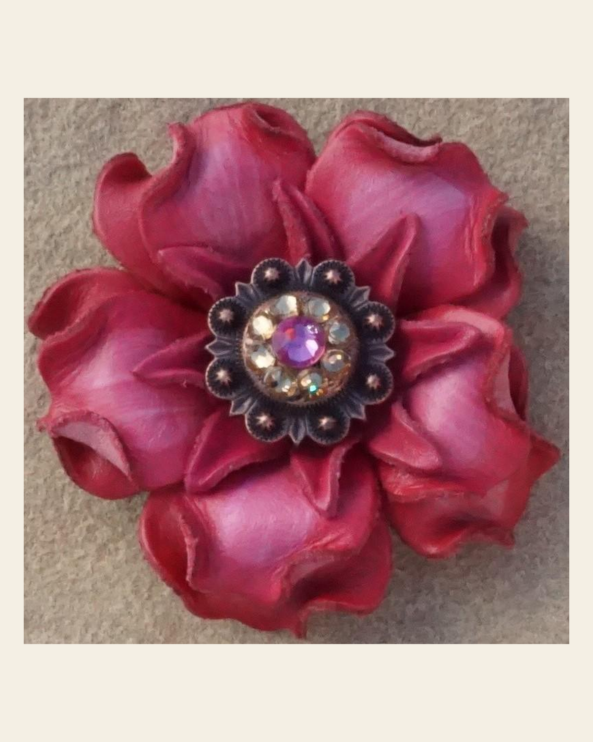 Pink Gardenia Flower With Copper Pink & Champagne 1" Concho on a warm cream background