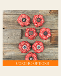 Pink Gardenia Leather Flowers - 1" Crystal Conchos - Options on a warm cream background