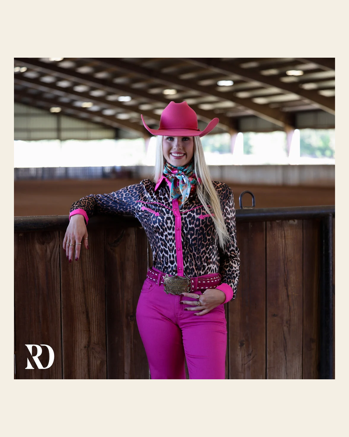Pink Leopard Performance Rodeo Shirt on a warm cream background