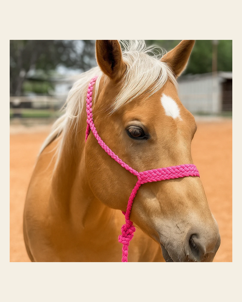 Pink Mule Tape Halter on a warm cream background
