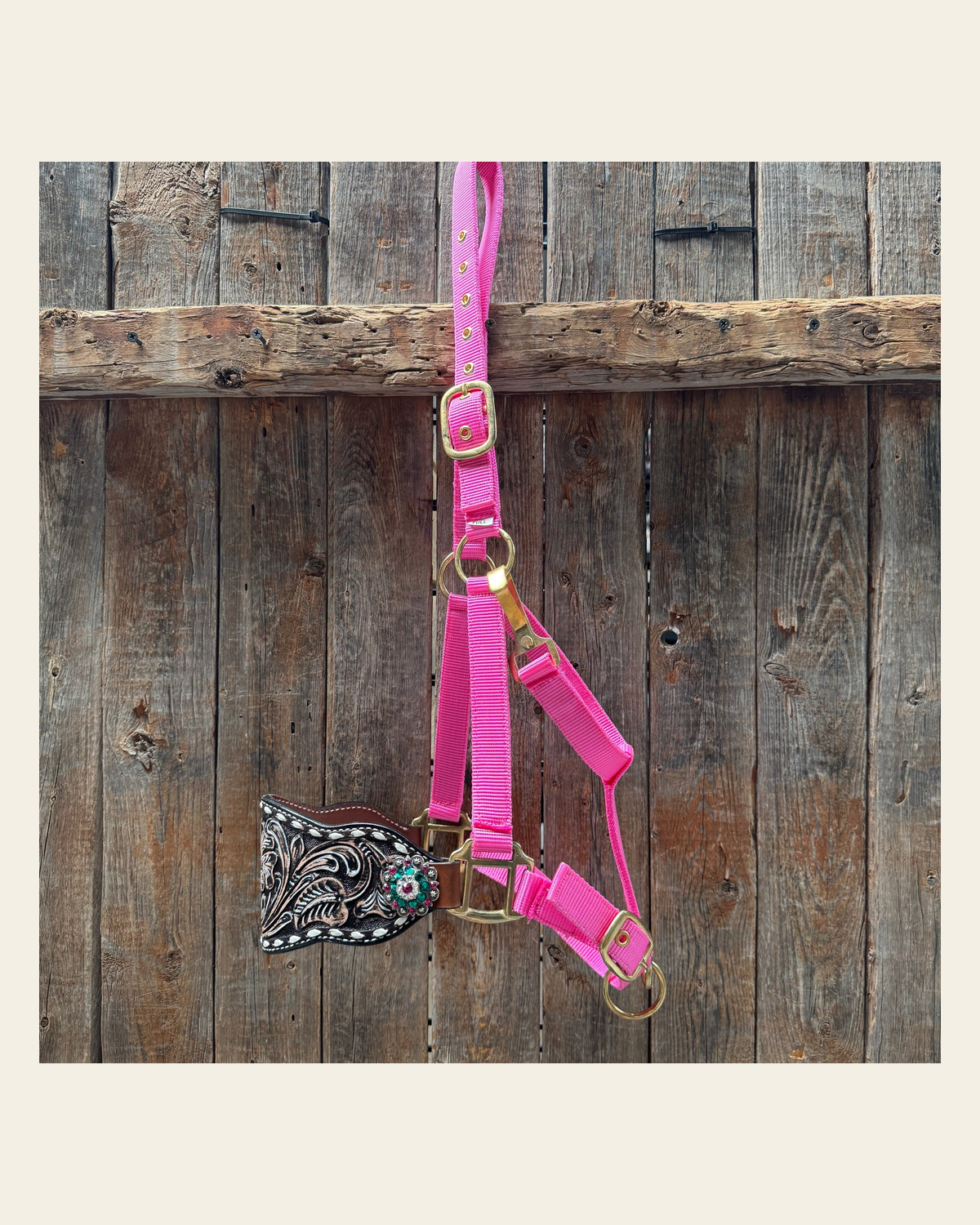 Pink Nylon Horse Halter – Bronc Noseband with Crystal Conchos NH101 on a warm cream background