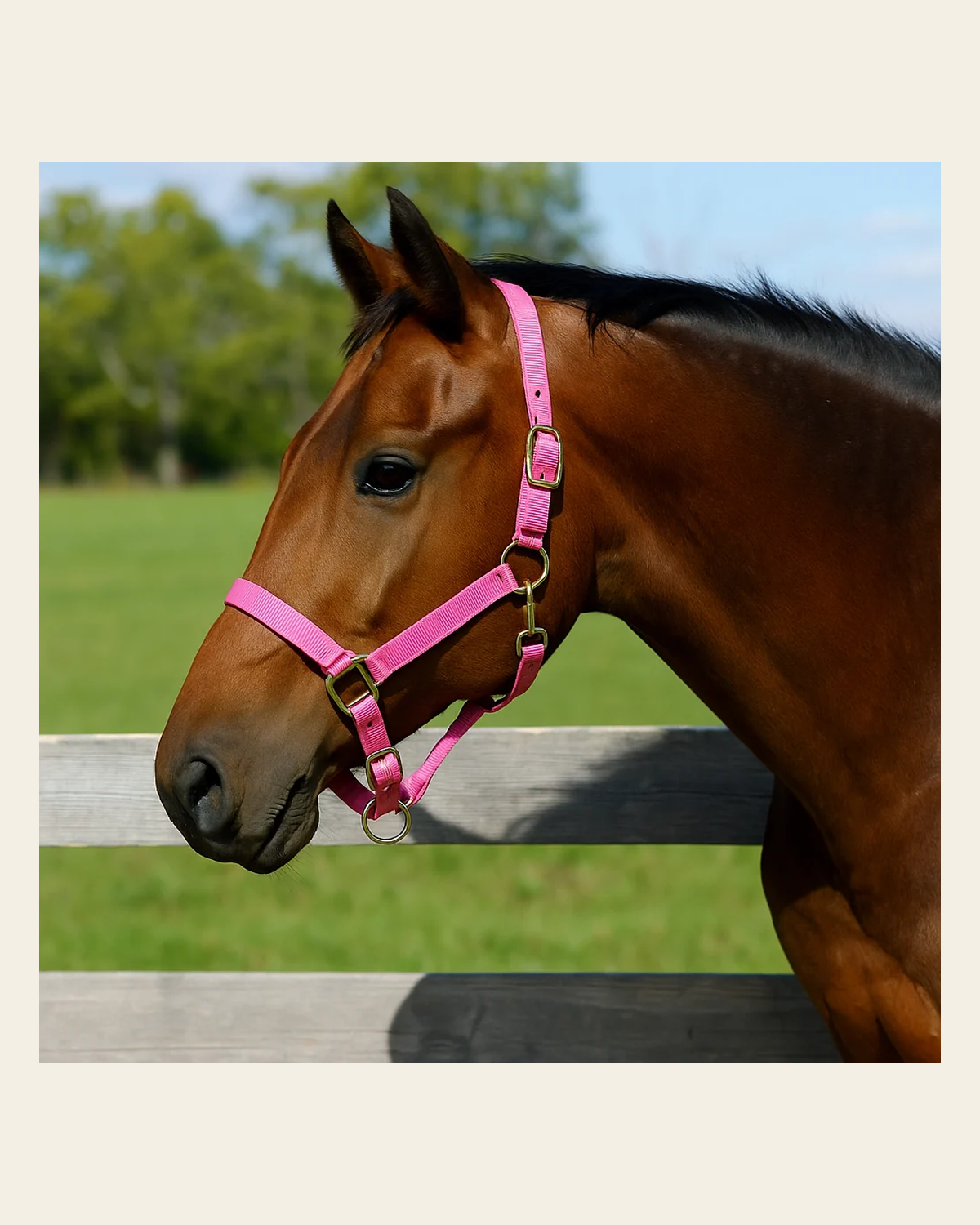 Pink Nylon Horse Halter NHPINK on a warm cream background