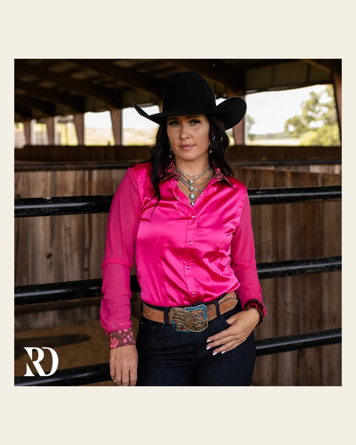 Pink Pistol Satin Mesh Performance Rodeo Shirt on a warm cream background