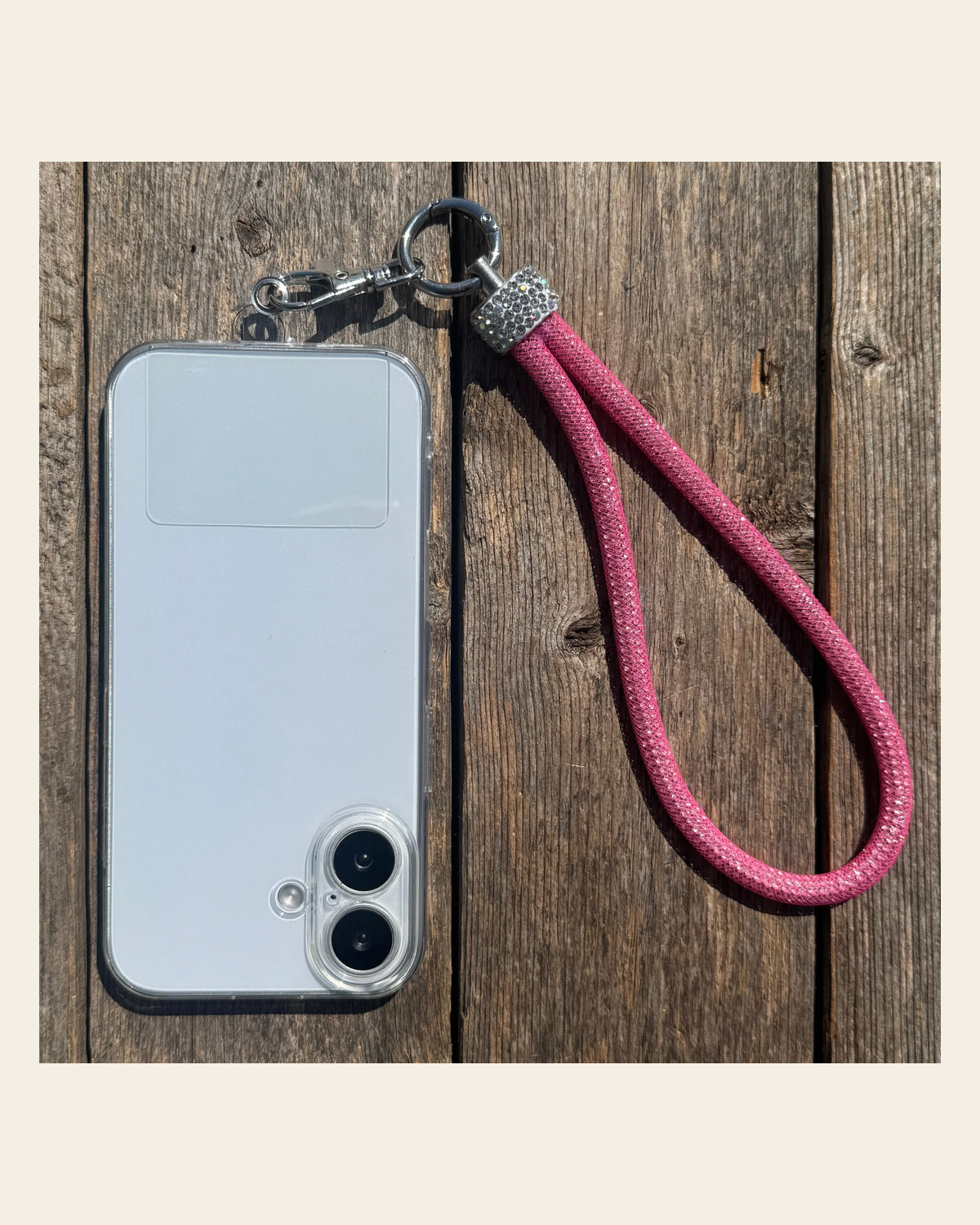 Pink Rhinestone Cell Phone Wristlet #CPW101 on a warm cream background