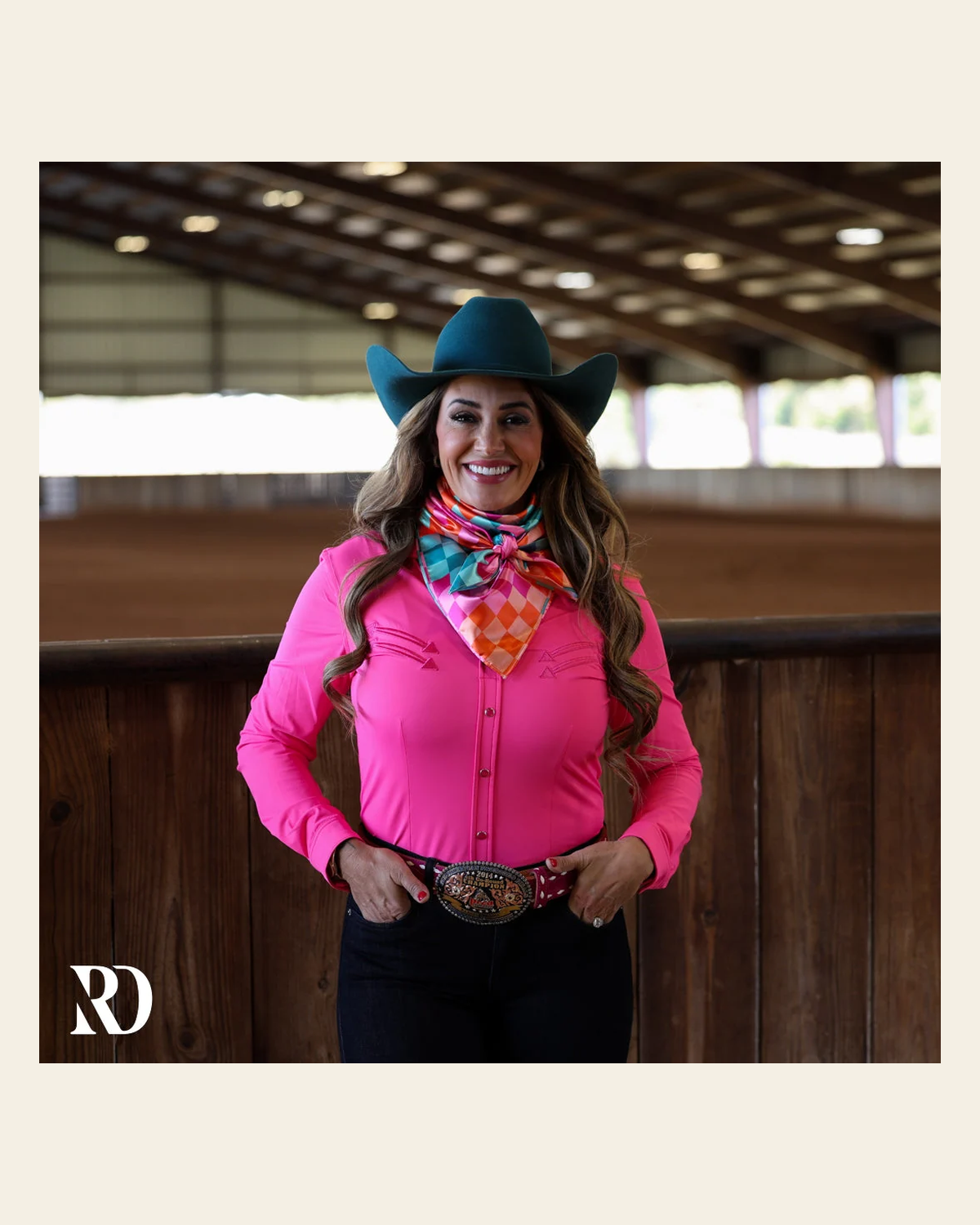 Pink Stitched Performance Rodeo Shirt on a warm cream background