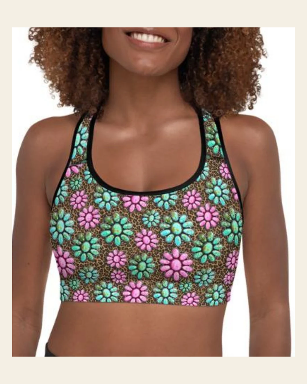 Pink Turquoise Cowgirl Sports Bra on a warm cream background