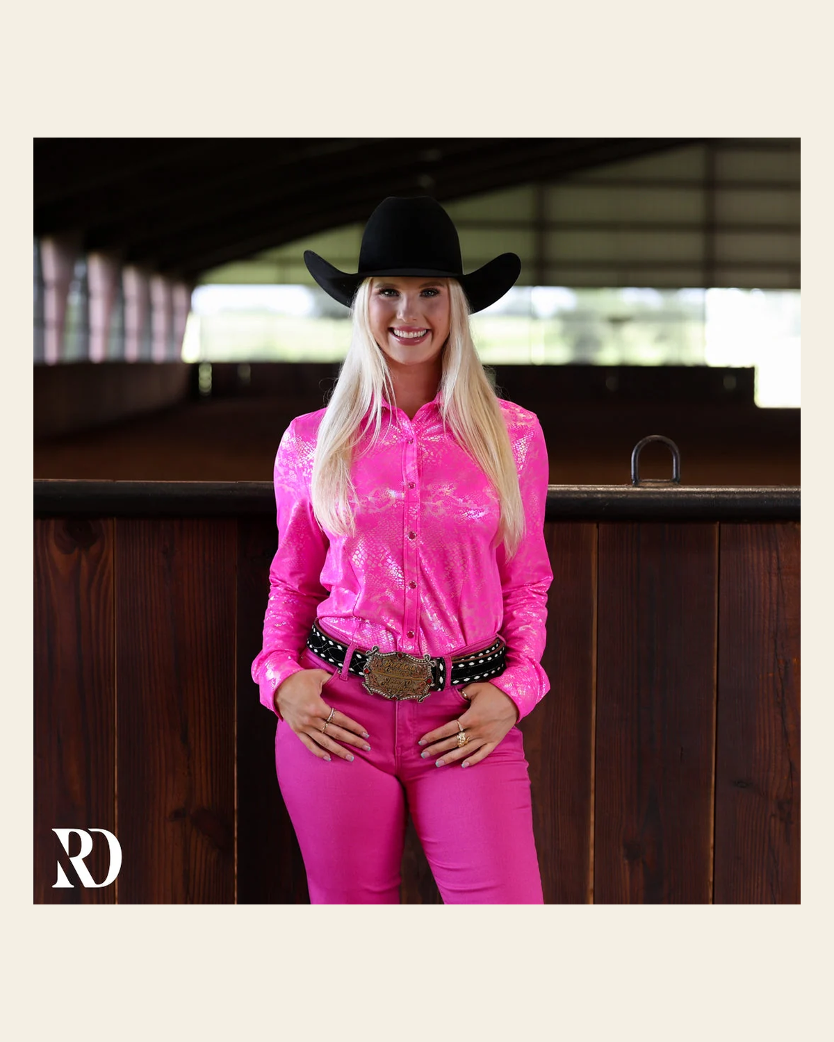 Pink Venom Performance Rodeo Shirt on a warm cream background
