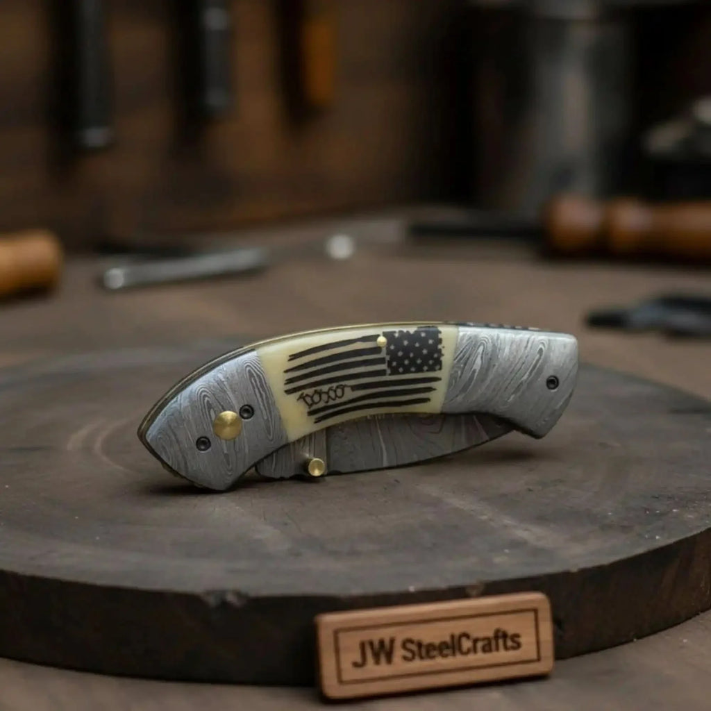 Constitution Damascus Folding Knife with Engraved Flag Bone Handle
