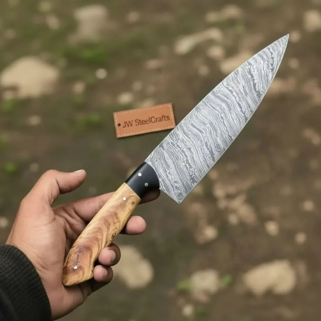 13-Inch Fire Pattern Damascus Chef Knife — Olive Wood Handle, Brass Pins & Dark Bolster | JW Steel Crafts