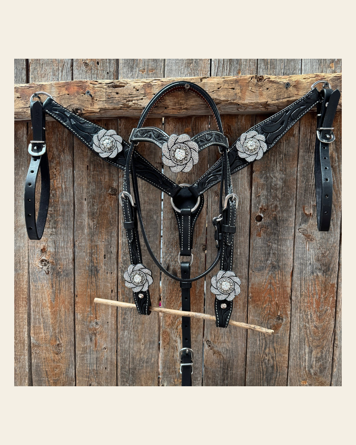 Pony Black Floral Clear Rhinestone V-Browband Tack Set #BBBC665P on a warm cream background