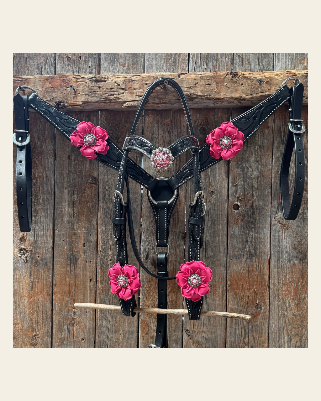 Pony Black Floral Pink Flower V-Browband Tack Set #BBBC668P on a warm cream background