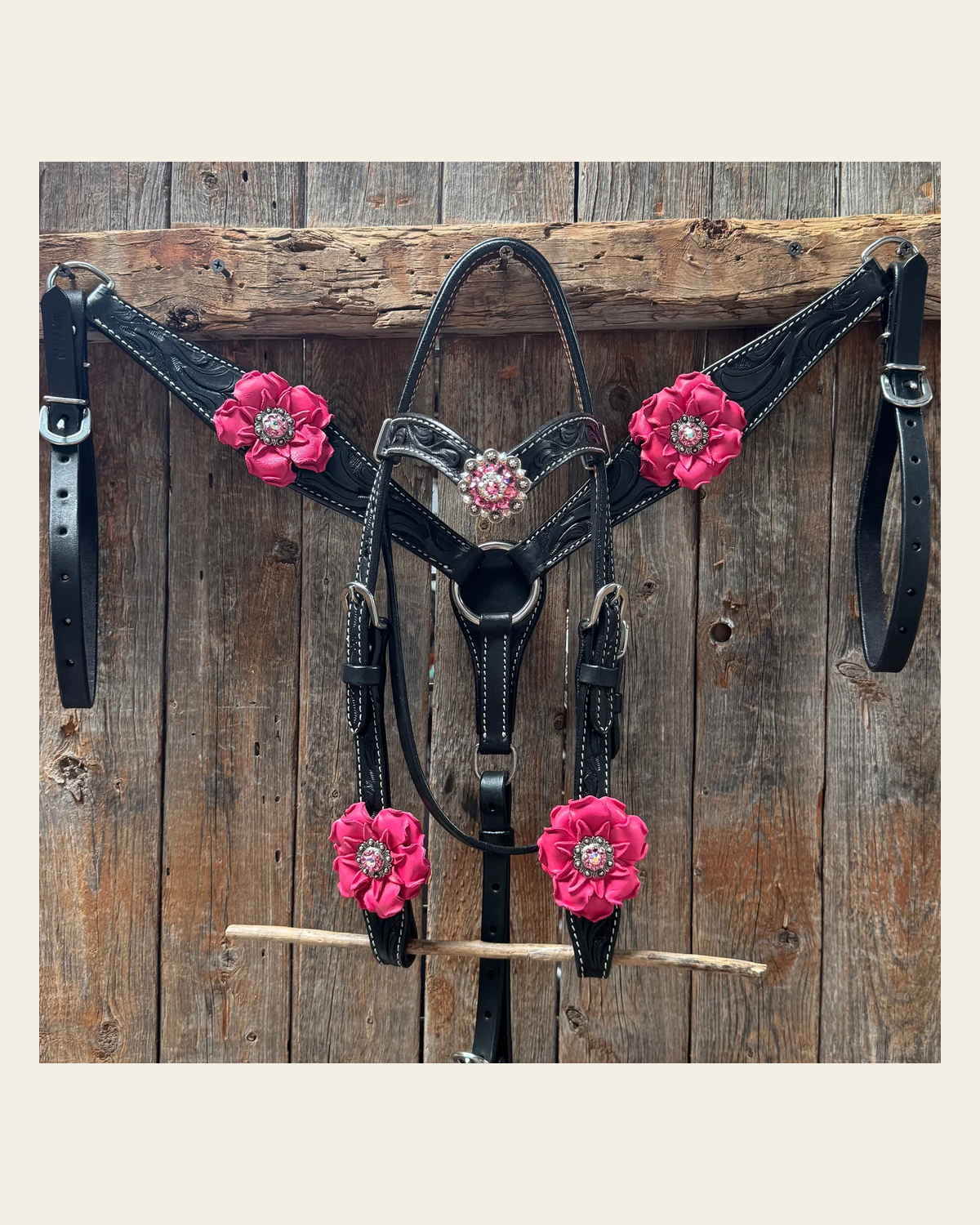 Pony Black Floral Pink Flower V-Browband Tack Set #BBBC668P on a warm cream background
