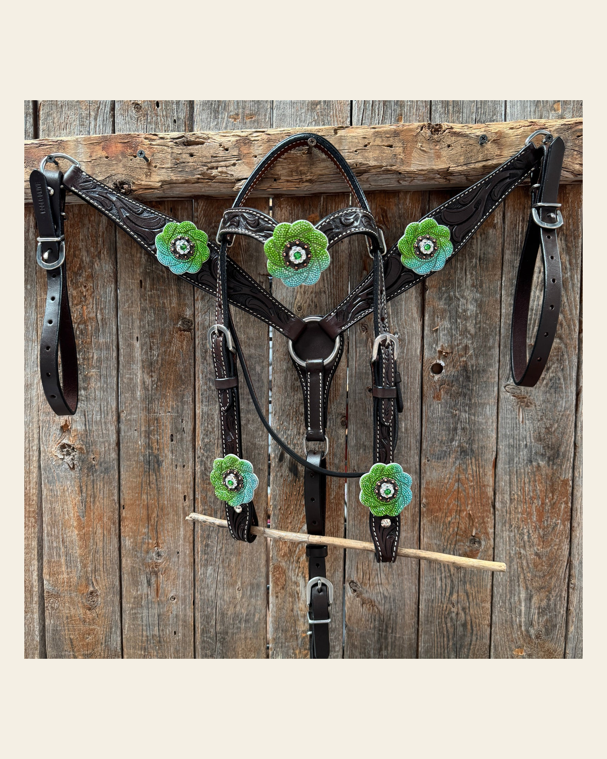 Pony Dark Oil Floral Blue and Green Rhinestone V-Browband Tack Set #BBBC666P on a warm cream background