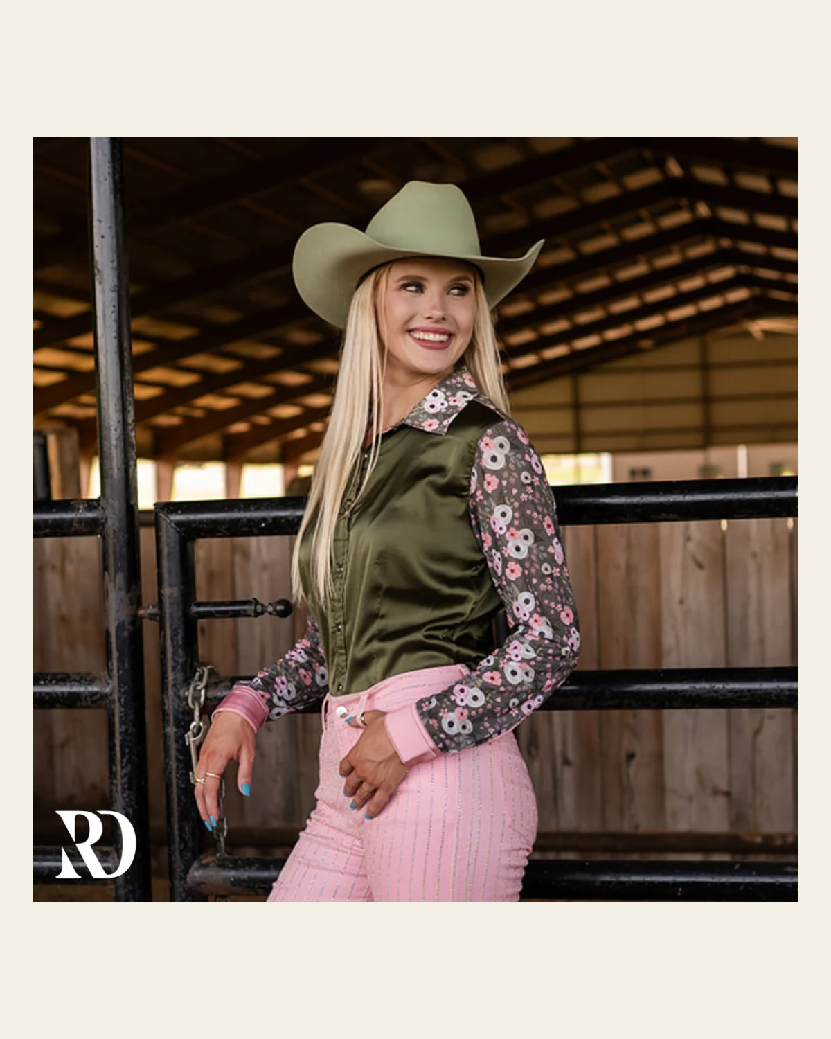Poppy Sage Satin Mesh Performance Rodeo Shirt on a warm cream background