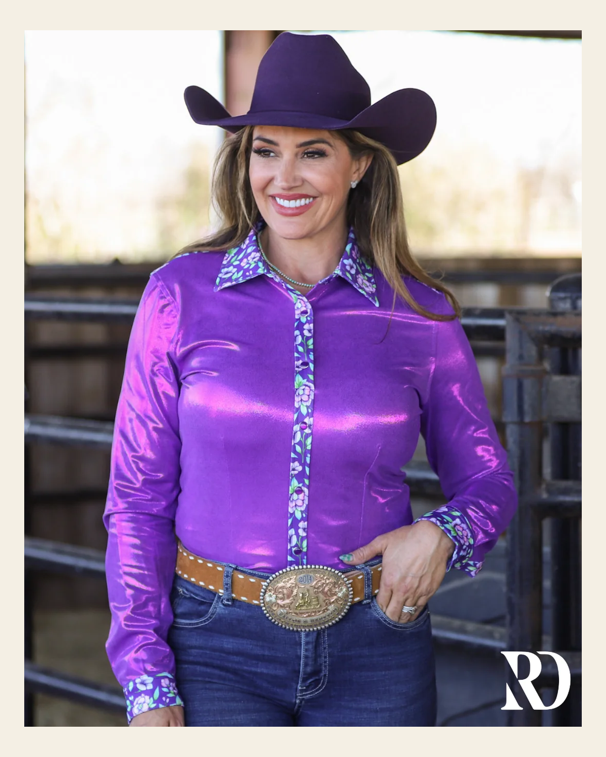Poppy & Purple Sparkle Performance Rodeo Shirt on a warm cream background