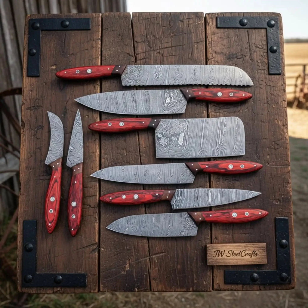 8 Piece Damascus Knife Set with Red Pakka Handles and  Leather Roll