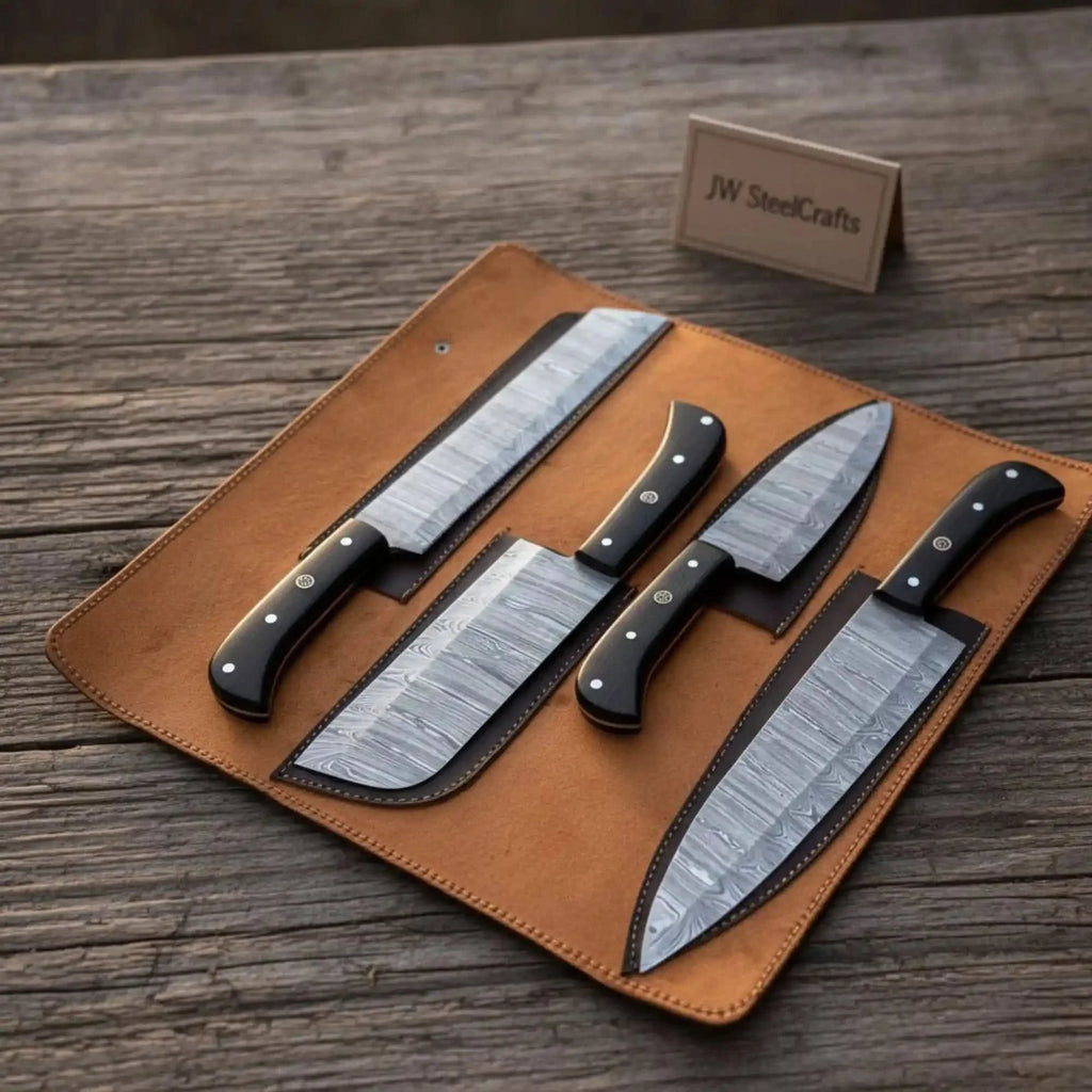 4-Piece Damascus Steel Kitchen Knife Set — Chef, Santoku, Cleaver & Utility