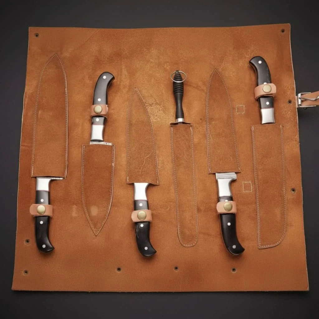 5-Piece Damascus Knife Set with Honing Rod and Black Handles