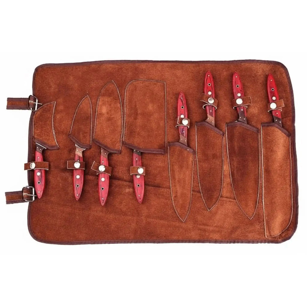 8 Piece Damascus Knife Set with Red Pakka Handles and  Leather Roll