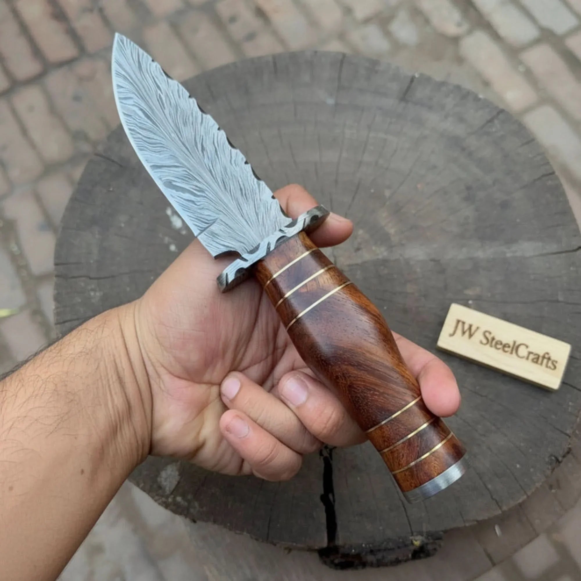 Handmade Damascus Bowie Knife 4.5” Clip Point Blade Rosewood Handle & Guard
