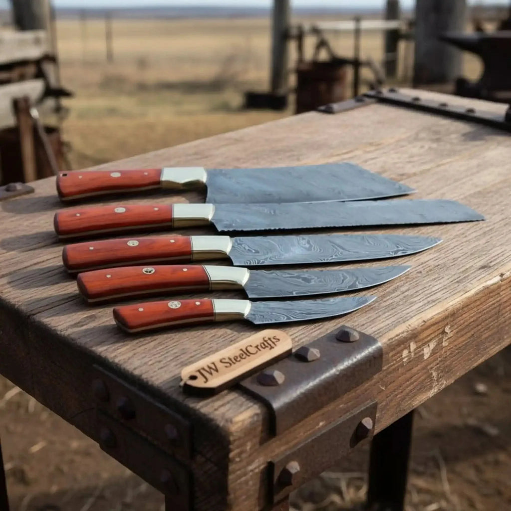 5 Piece Damascus Kitchen Knife Set with Rosewood Handles, Cleaver Bread Chef Utility and Paring Knives, Handmade Professional Cooking Set