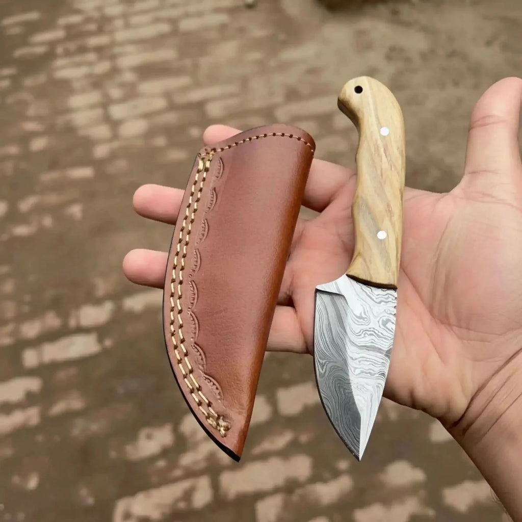 Handcrafted Damascus Steel Skinning Knife 7.5” Fixed Blade Olive Wood Handle Compact EDC with Leather Sheath