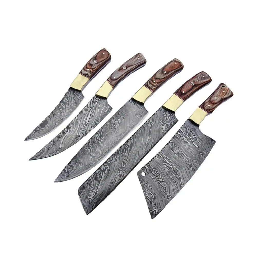 Handmade Damascus Kitchen Knife Set of 5 with Full Tang Wood Handles