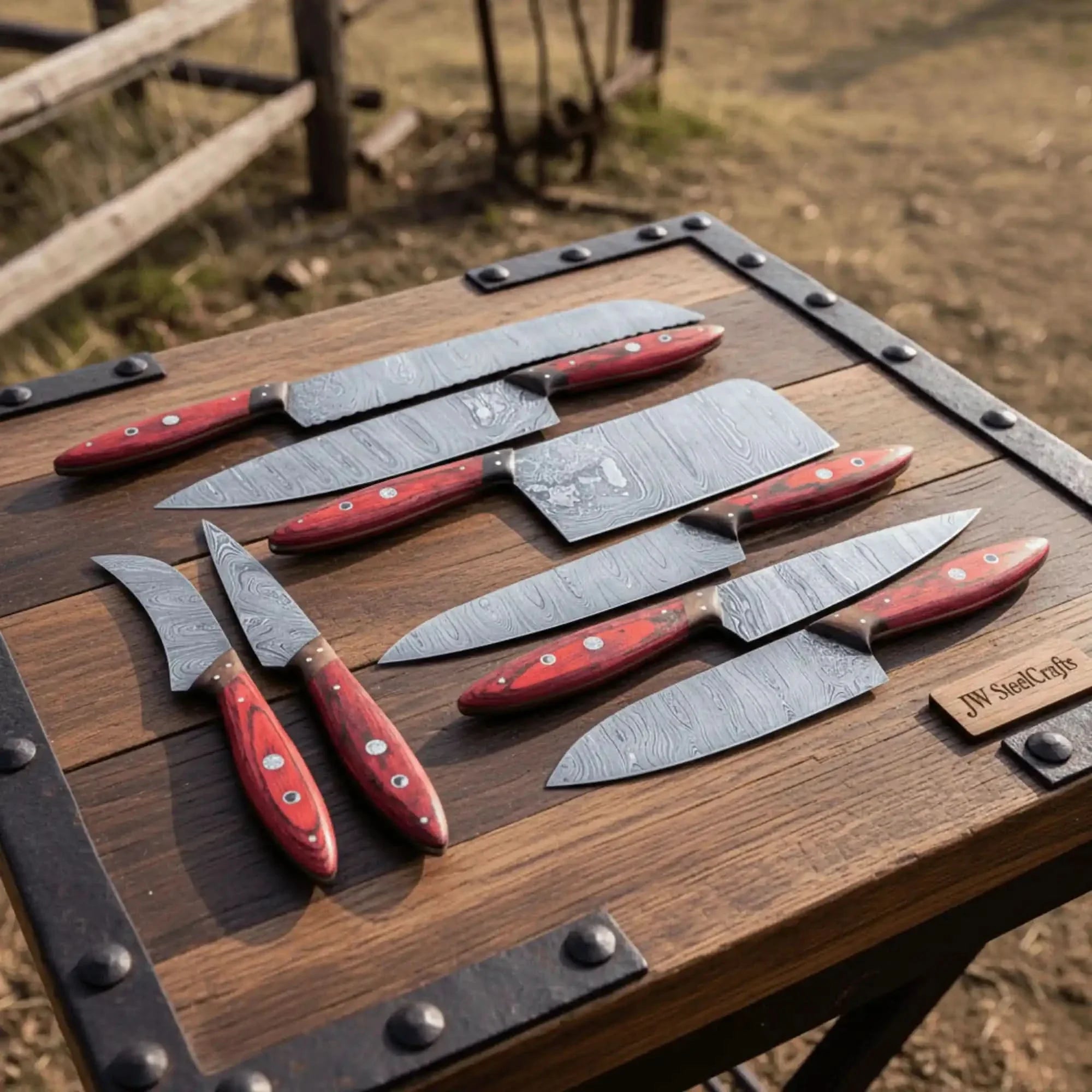 8 Piece Damascus Knife Set with Red Pakka Handles and  Leather Roll