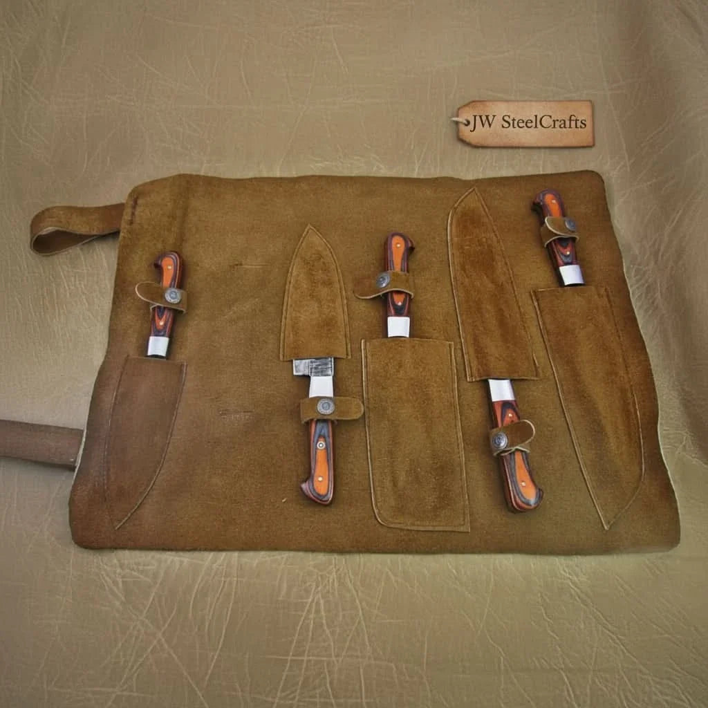 5-Piece Damascus Knife Set Orange Black Pakka Wood Handles with Hammered Tsuchime Blades