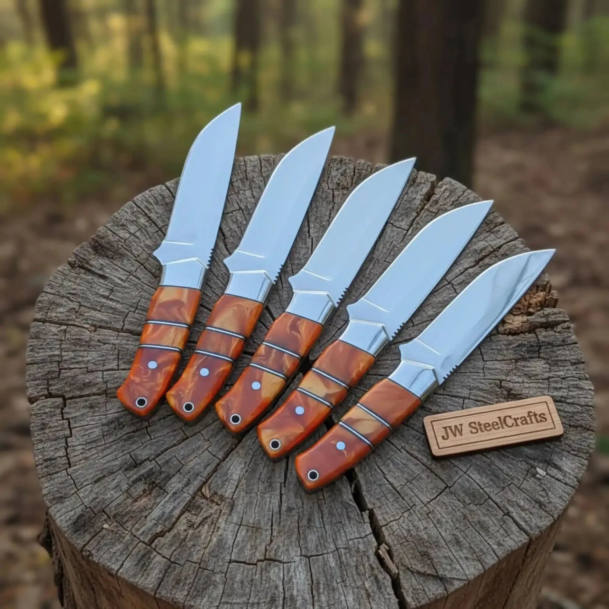 Handmade Artisan Scandi Bushcraft Knife Set 5-Piece with Scandi Grind & Orange Resin Handles