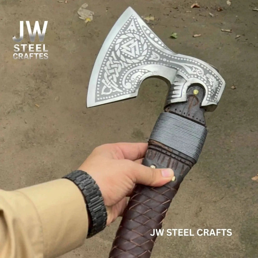 Engraved Norse Valknut Hatchet with Braided Leather Handle