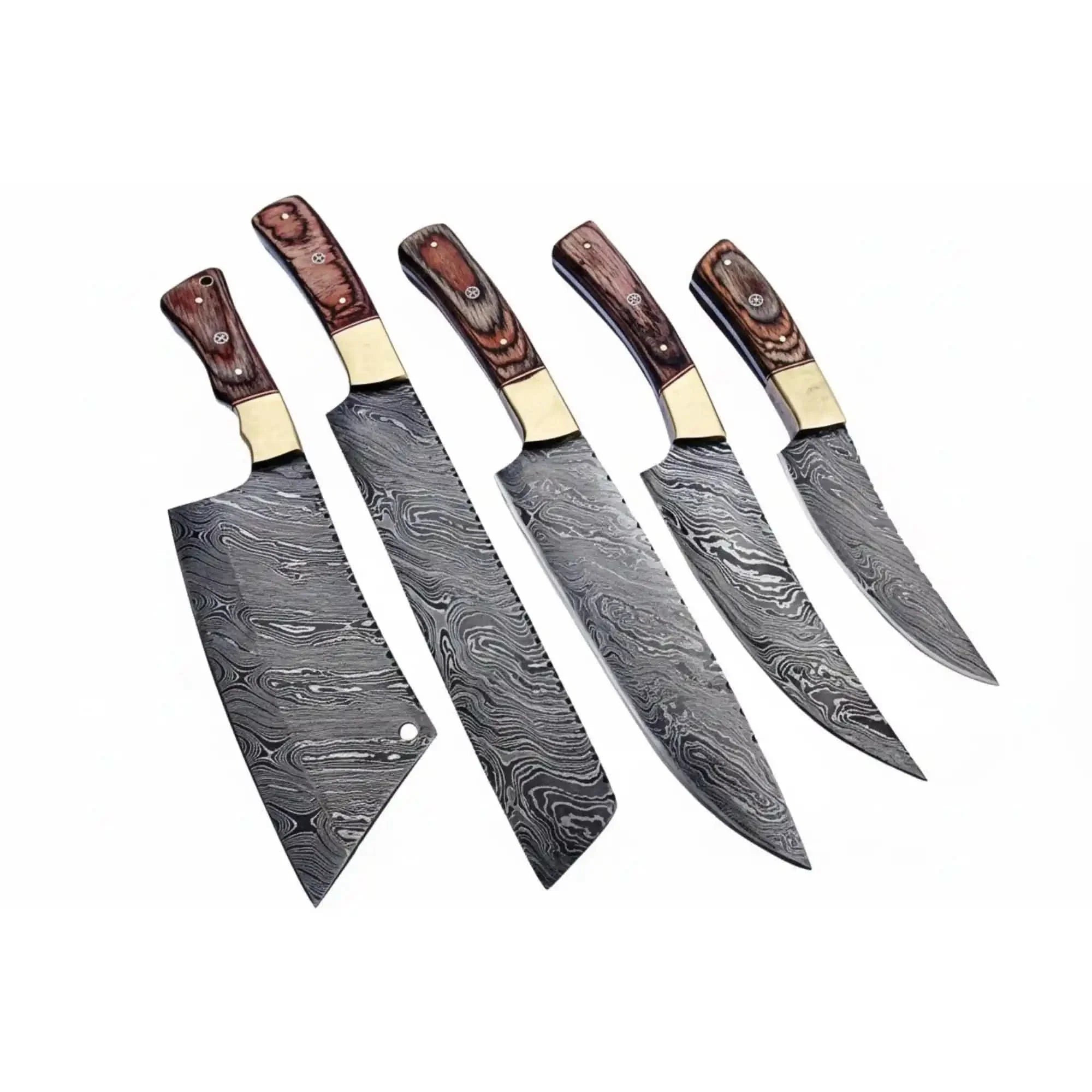 Handmade Damascus Kitchen Knife Set of 5 with Full Tang Wood Handles