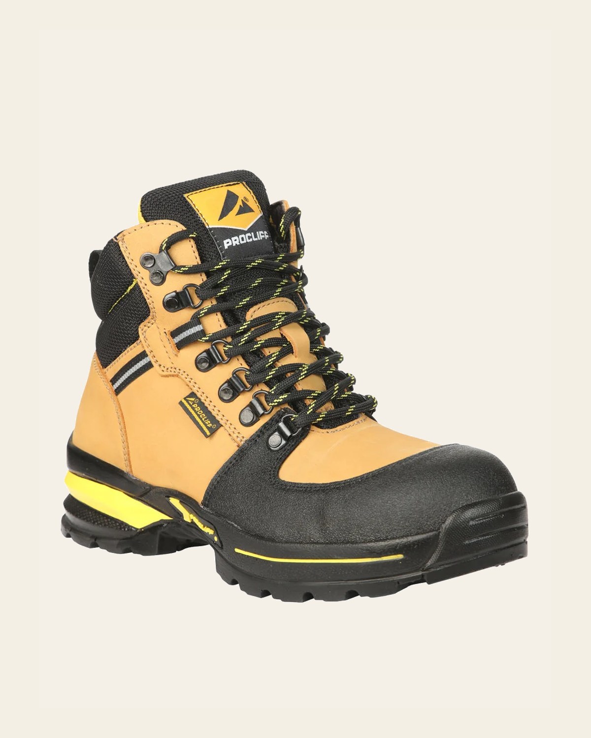 ProCliff Men’s Steel Toe Work Shoes with Laces - Made in Mexico - Nubuck Honey 45285 on a warm cream background