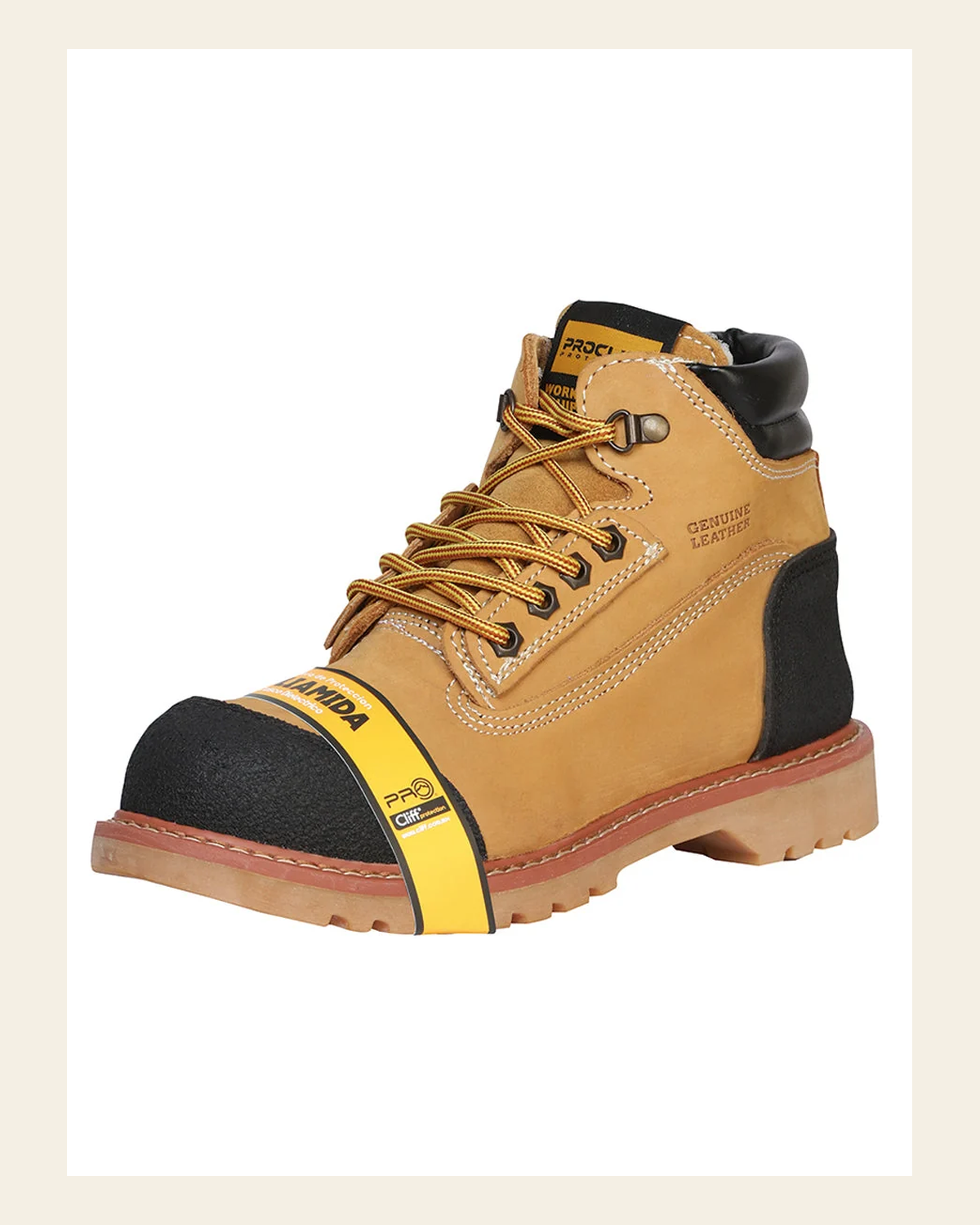 Procliff Protection Safety Steel Toe Men's Lace-Up Work Boots - Nubuck Honey 35218 on a warm cream background