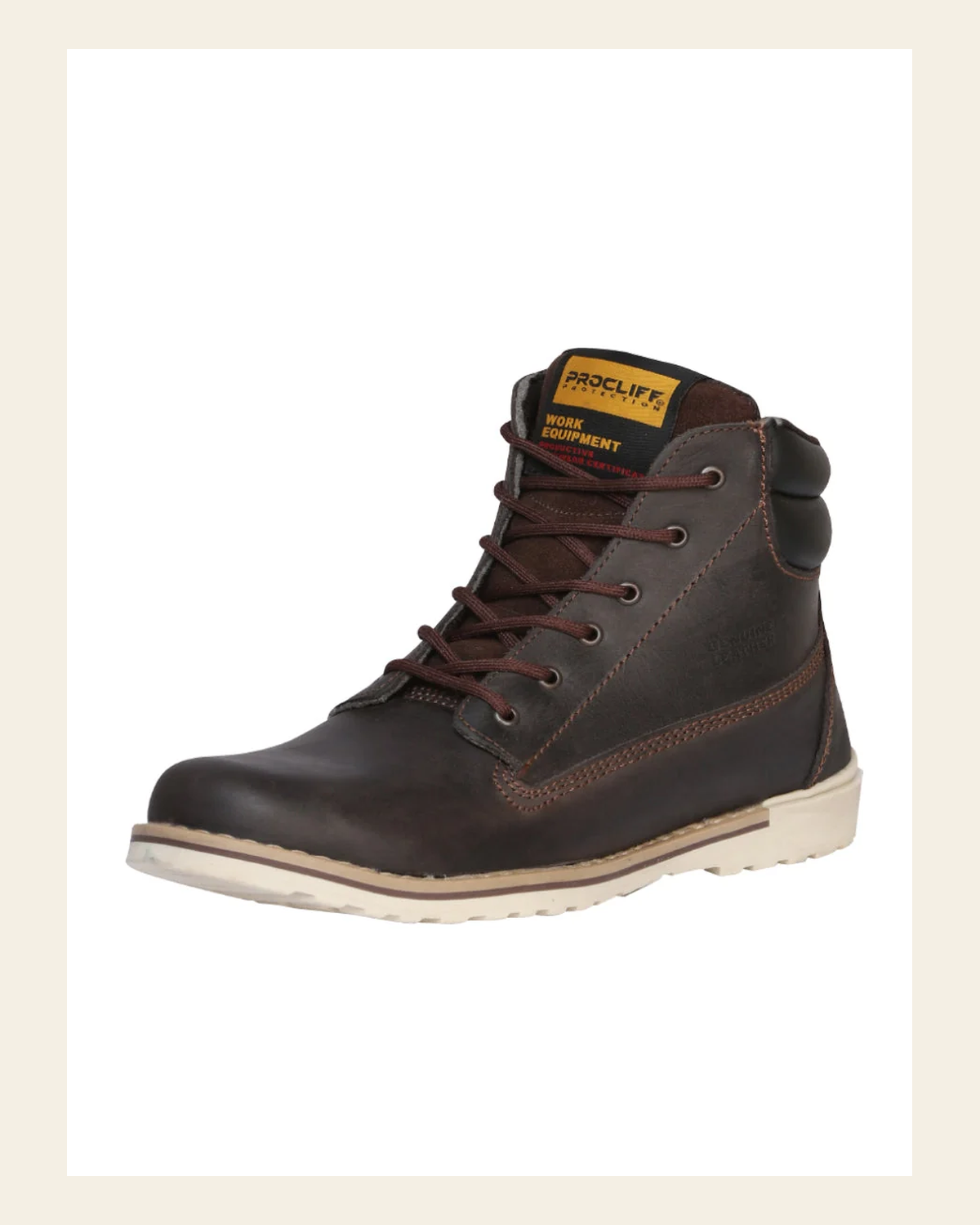 Procliff Protection Women's Lace-up Ankle Work Boot - Made in Mexico - Crazy Cuero Vacuno Brown 35200 on a warm cream background