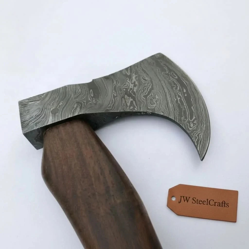Hand-Forged Damascus Bearded Bushcraft Hatchet with Curved Hardwood Handle