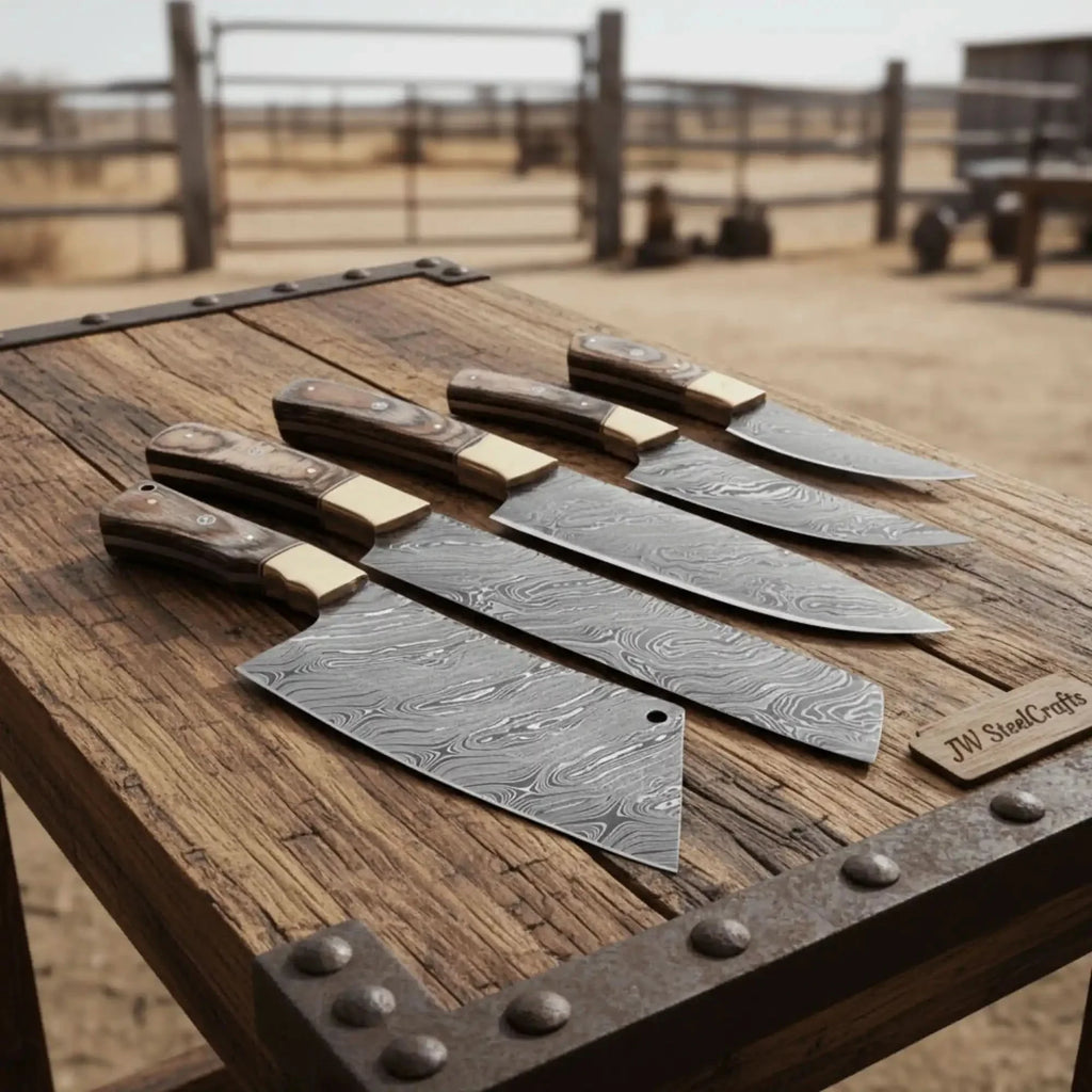 Handmade Damascus Kitchen Knife Set of 5 with Full Tang Wood Handles