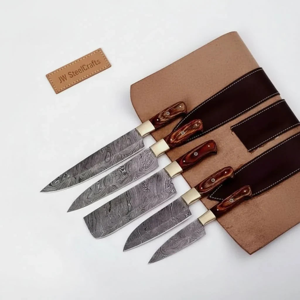 5-Piece Forged Damascus Culinary Knife Set with Pakka Wood Handles and Wood Grain Blades