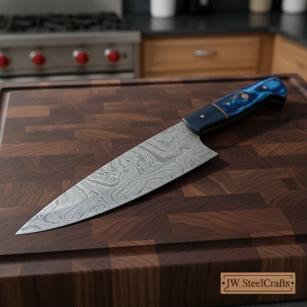 Chef Knife, Raindrop Pattern Damascus Steel Blade, Blue Resin and Black Wood Handle, Full Tang Professional Kitchen Knife, JW SteelCrafts
