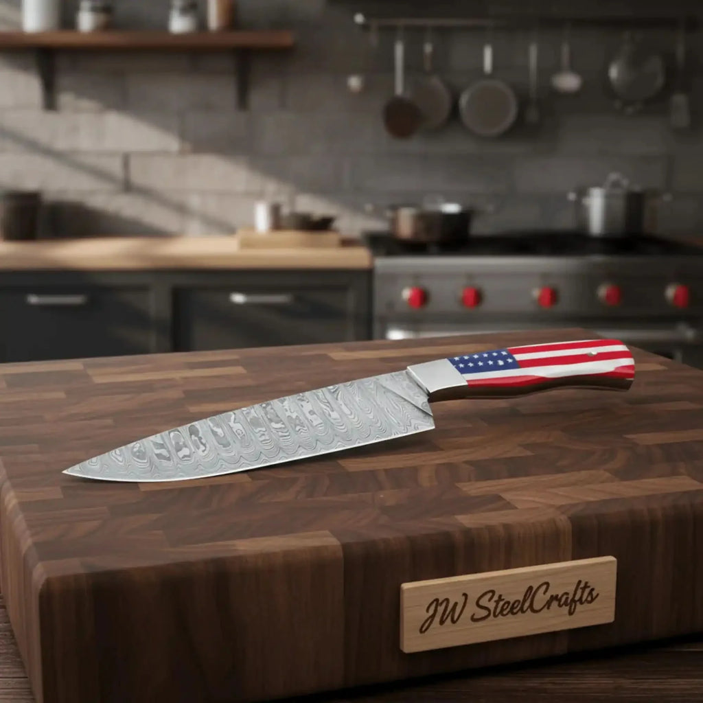 Damascus Chef Knife USA Flag Resin Handle | Hand-Forged Performance Blade