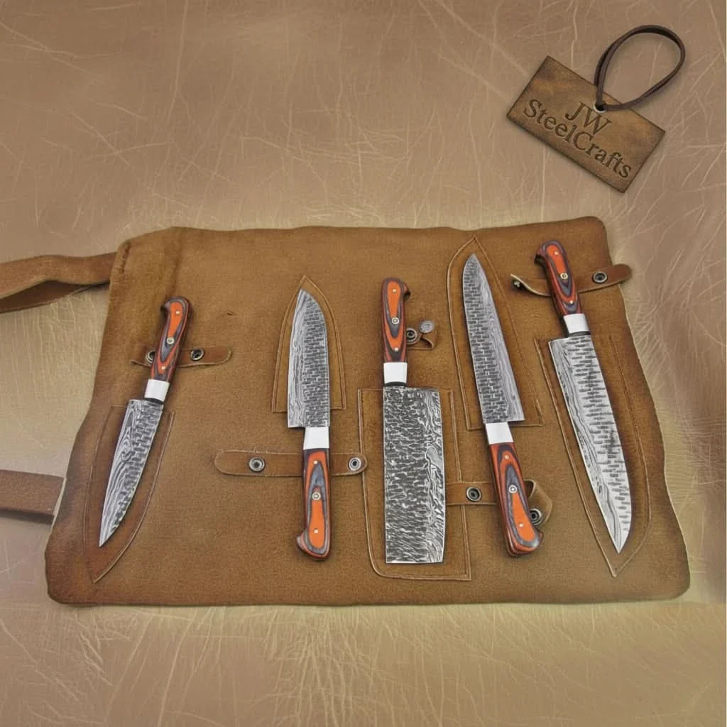 5-Piece Damascus Knife Set Orange Black Pakka Wood Handles with Hammered Tsuchime Blades