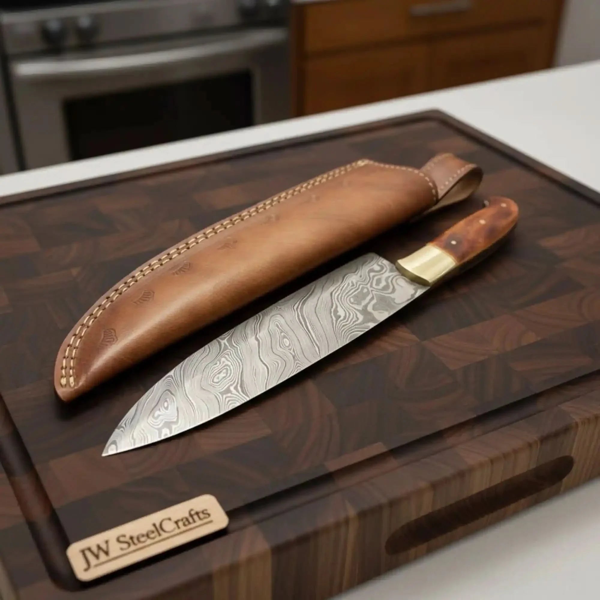 14-Inch Handmade Damascus Chef Knife – Brown Handle & Brass Bolster | Layered Damascus Blade | Hand-Stitched Leather Sheath Included