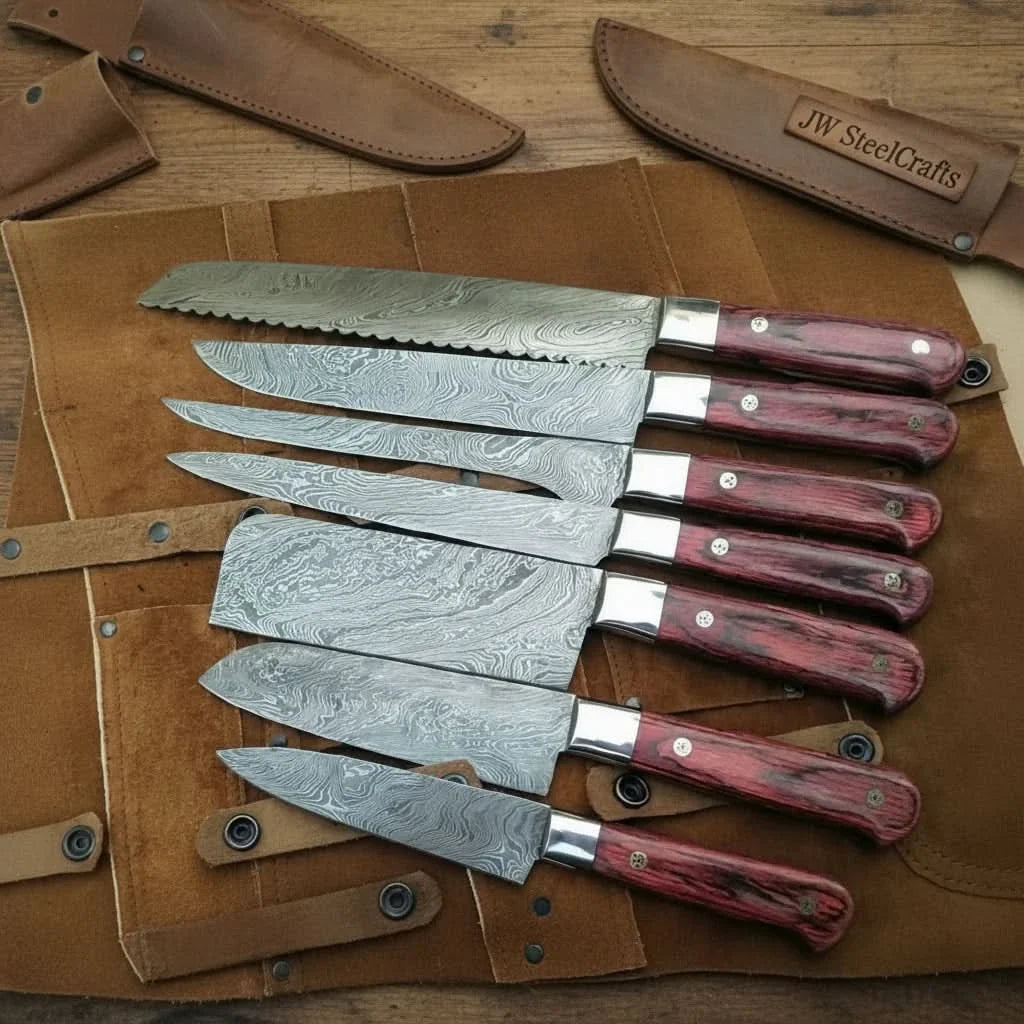 8-Piece Damascus Kitchen Knife Set — Red Pakka Wood Handles