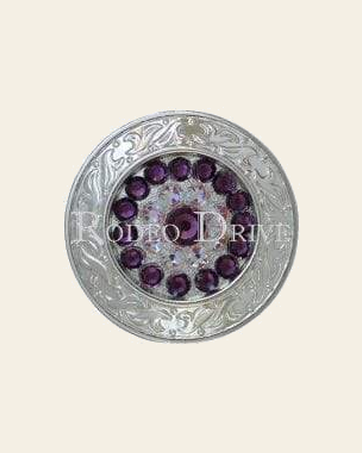 Purple & AB Bright Silver 1.5" Disc European Crystal Concho on a warm cream background