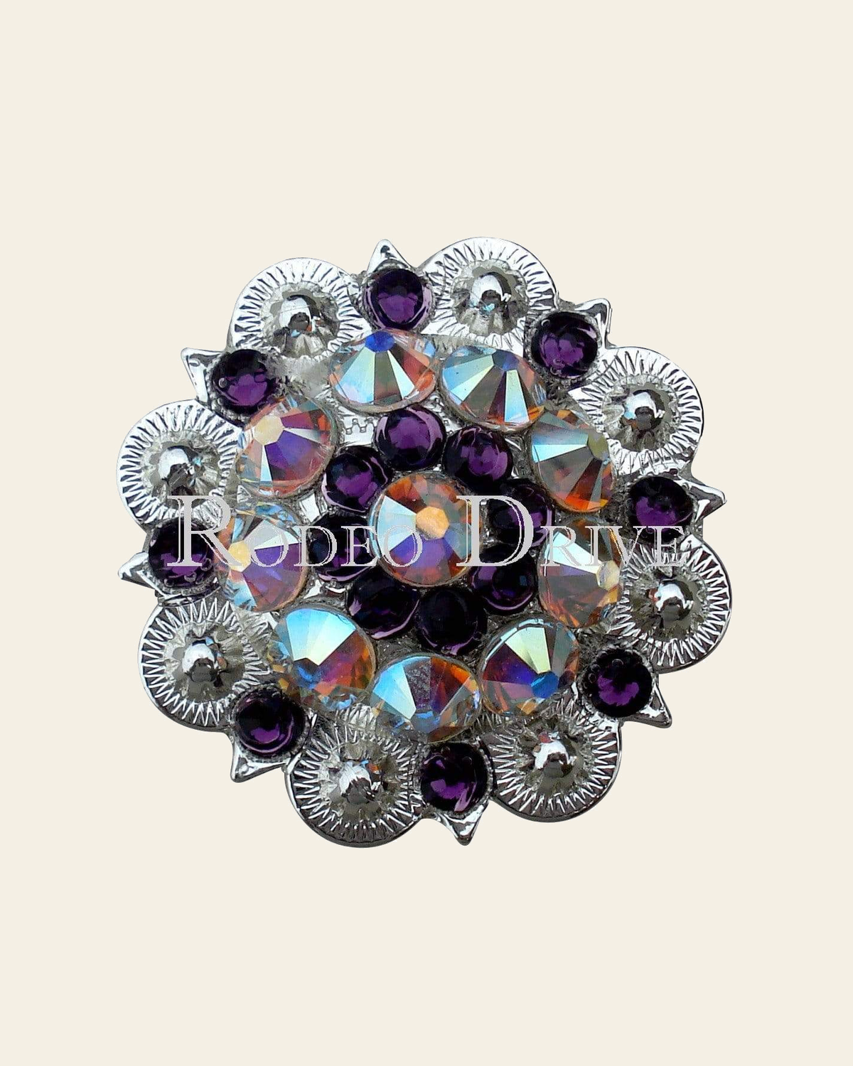 Purple & AB Bright Silver 1.5" European Crystal Concho on a warm cream background