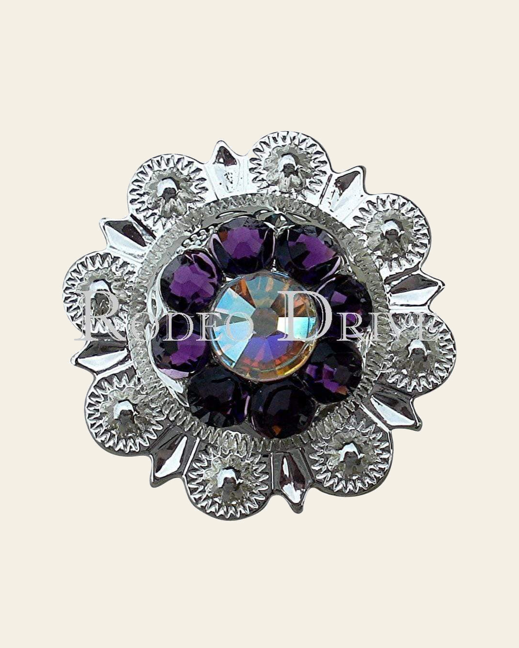 Purple & AB Bright Silver 1" European Crystal Concho on a warm cream background